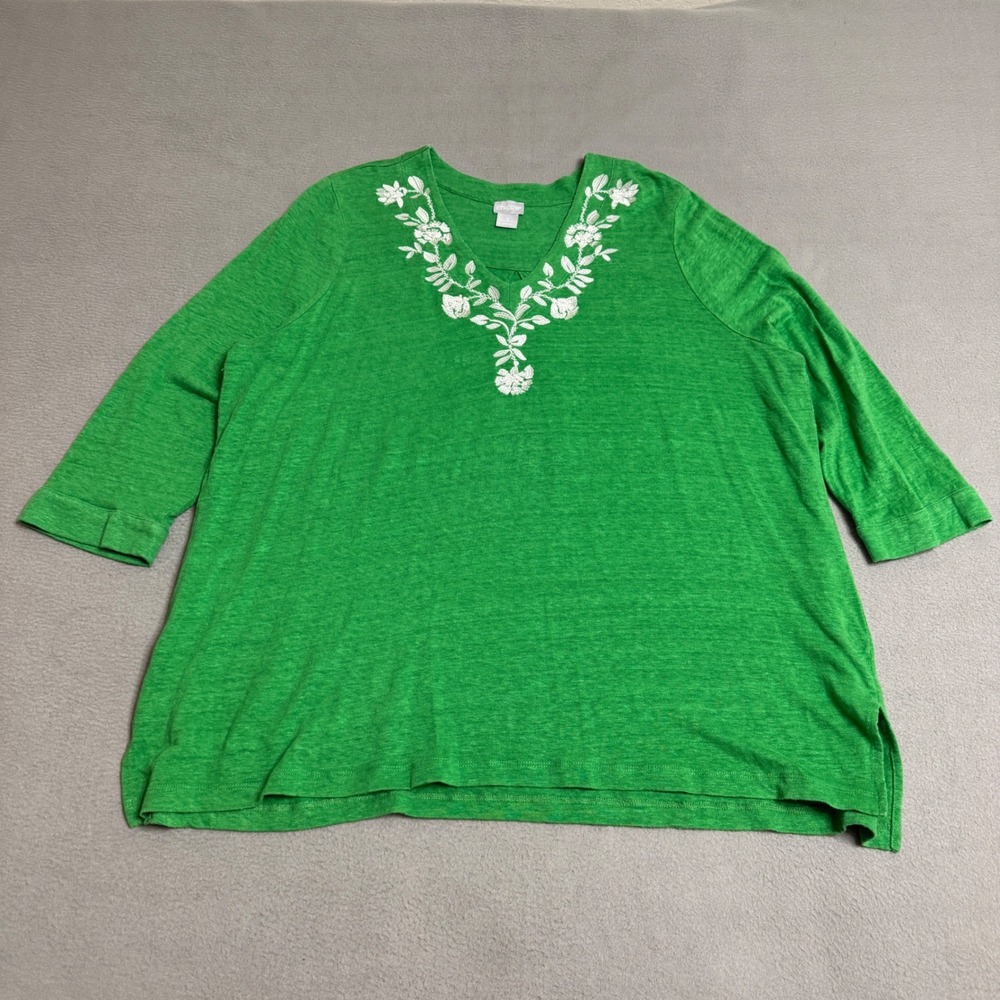 Chico's Top Women 3 XL Green Linen Embroidered V Neck 3/4 Sleeve Boho Coastal *
